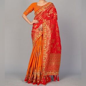 House of Indya red stone work banarasi silk saree fully stitched blouse set NWT